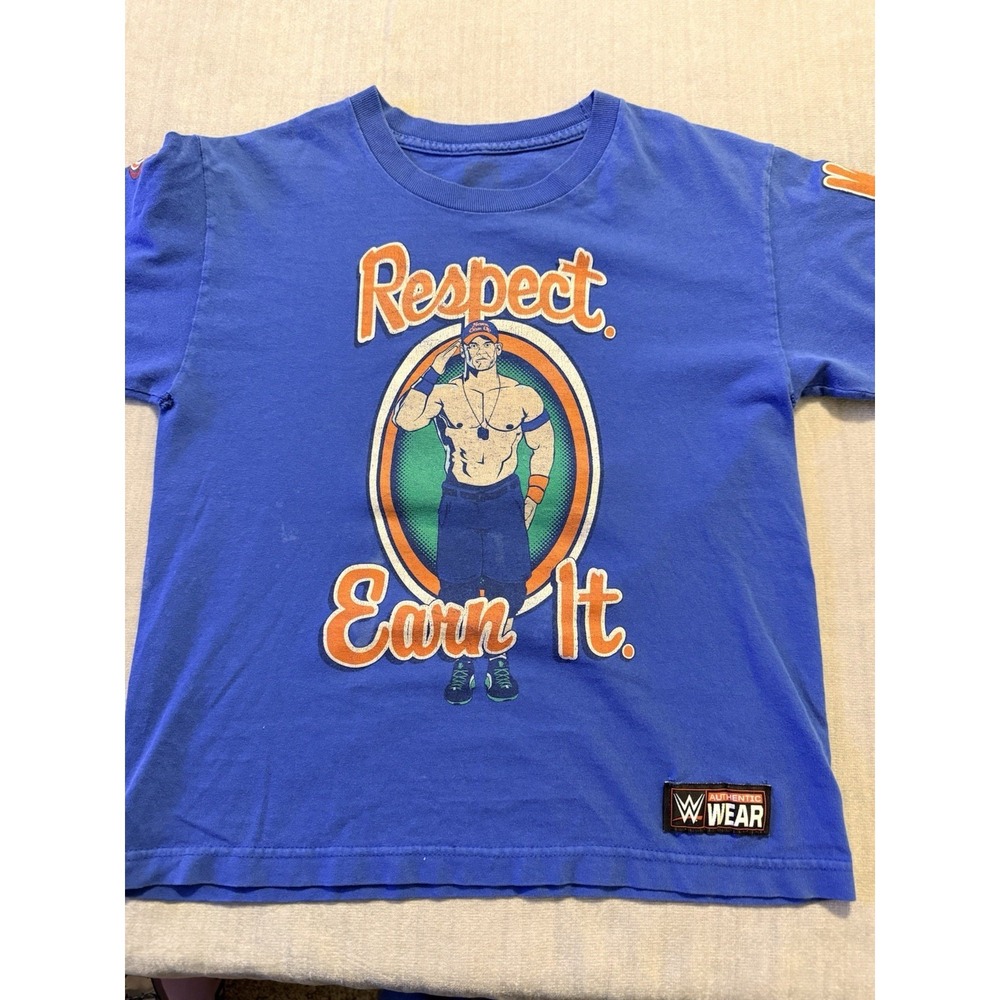WWE John Cena Respect Earn It Never Give Up Youth Blue Graphic T Shirt M